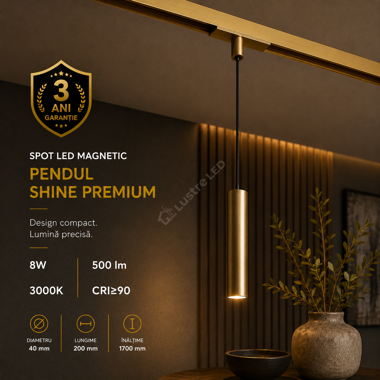 Spot LED Magnetic Pendul SHINE TRACK Gold Premium 8W Rotund Ø4CM | CRI≥90 | 3000K