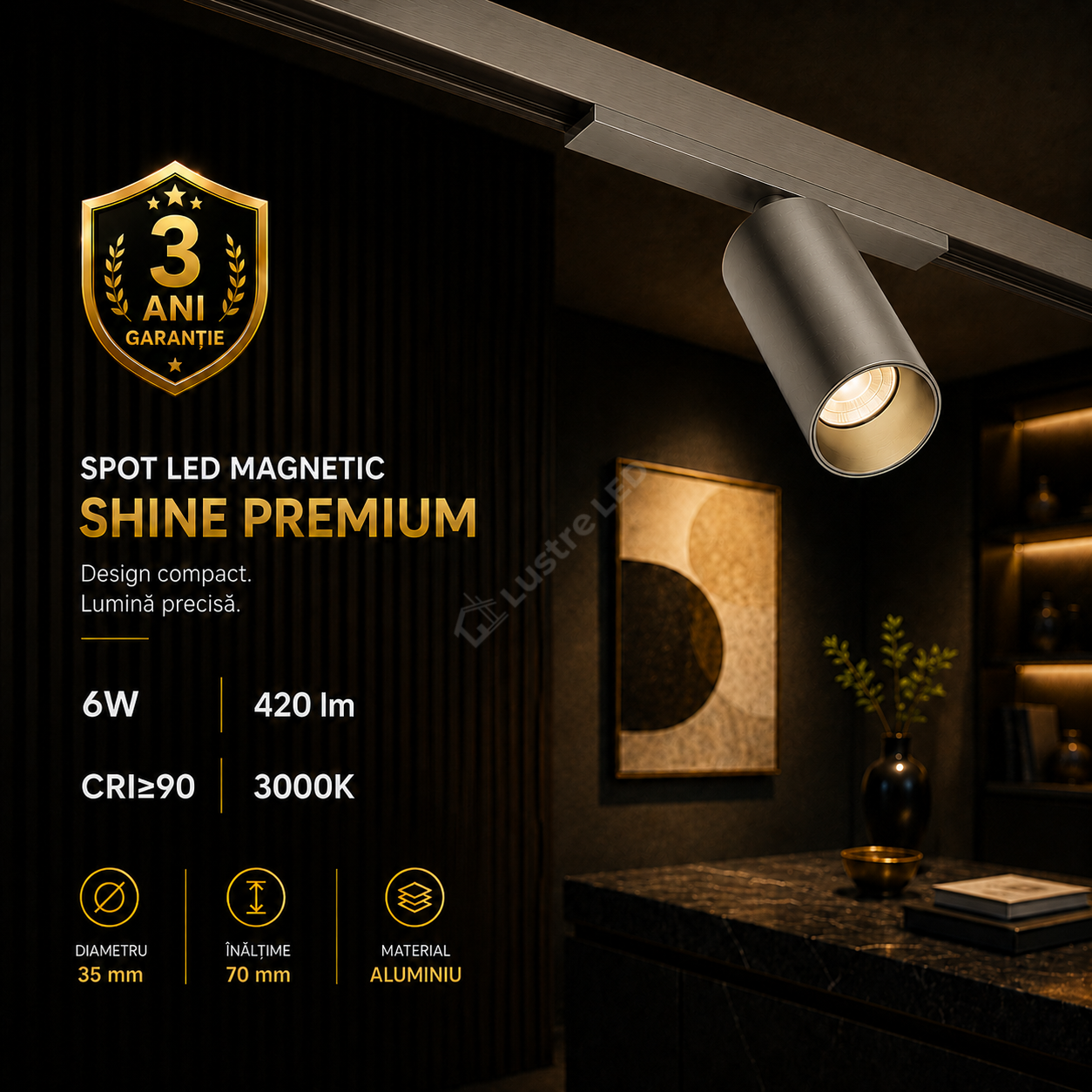 Spot LED Magnetic SHINE TRACK Dark Nickel Premium 6W Rotund Ø3.5CM | CRI≥90 | 3000K