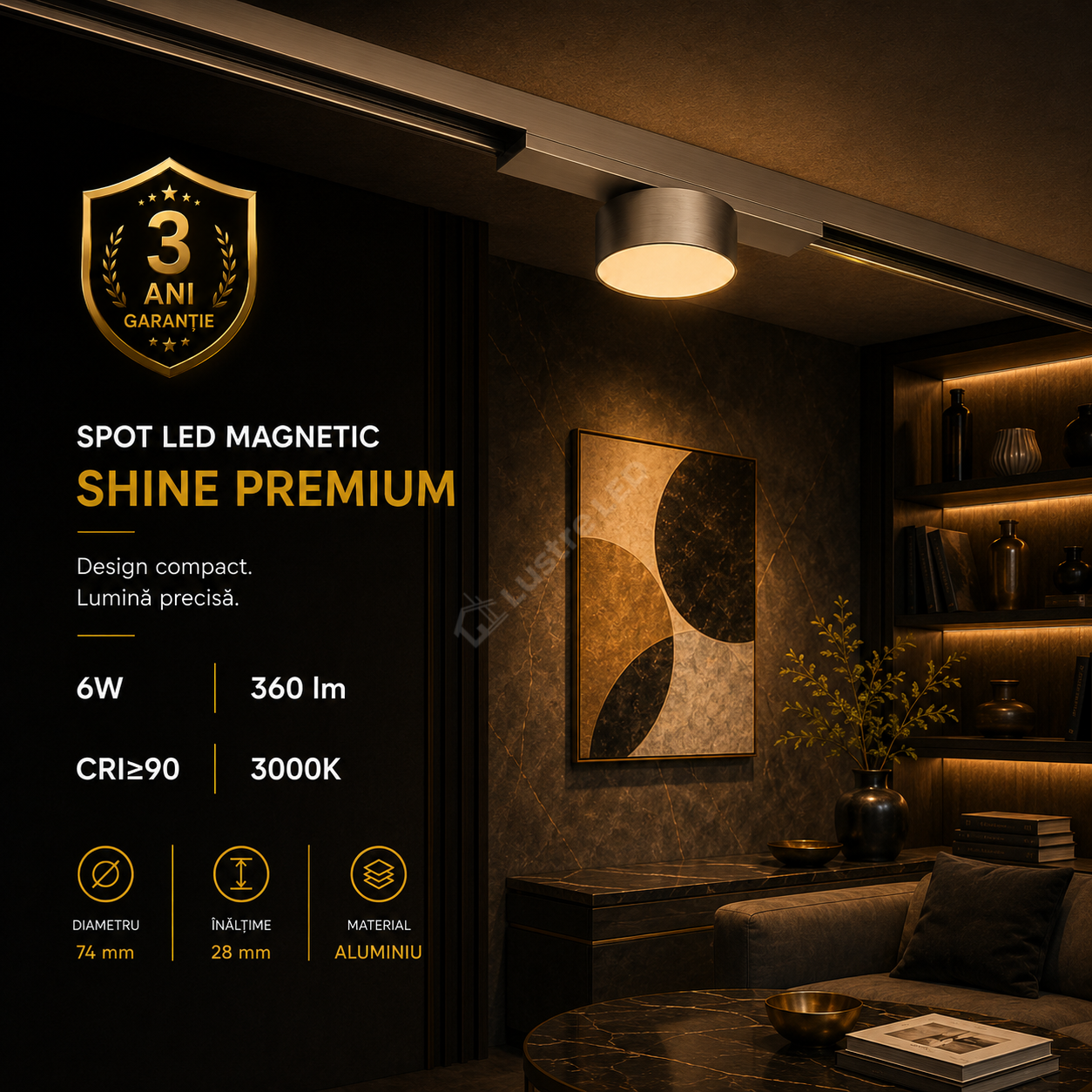 Spot LED Magnetic SHINE TRACK Dark Nickel Premium 6W Rotund Ø7.4CM | CRI≥90 | 3000K