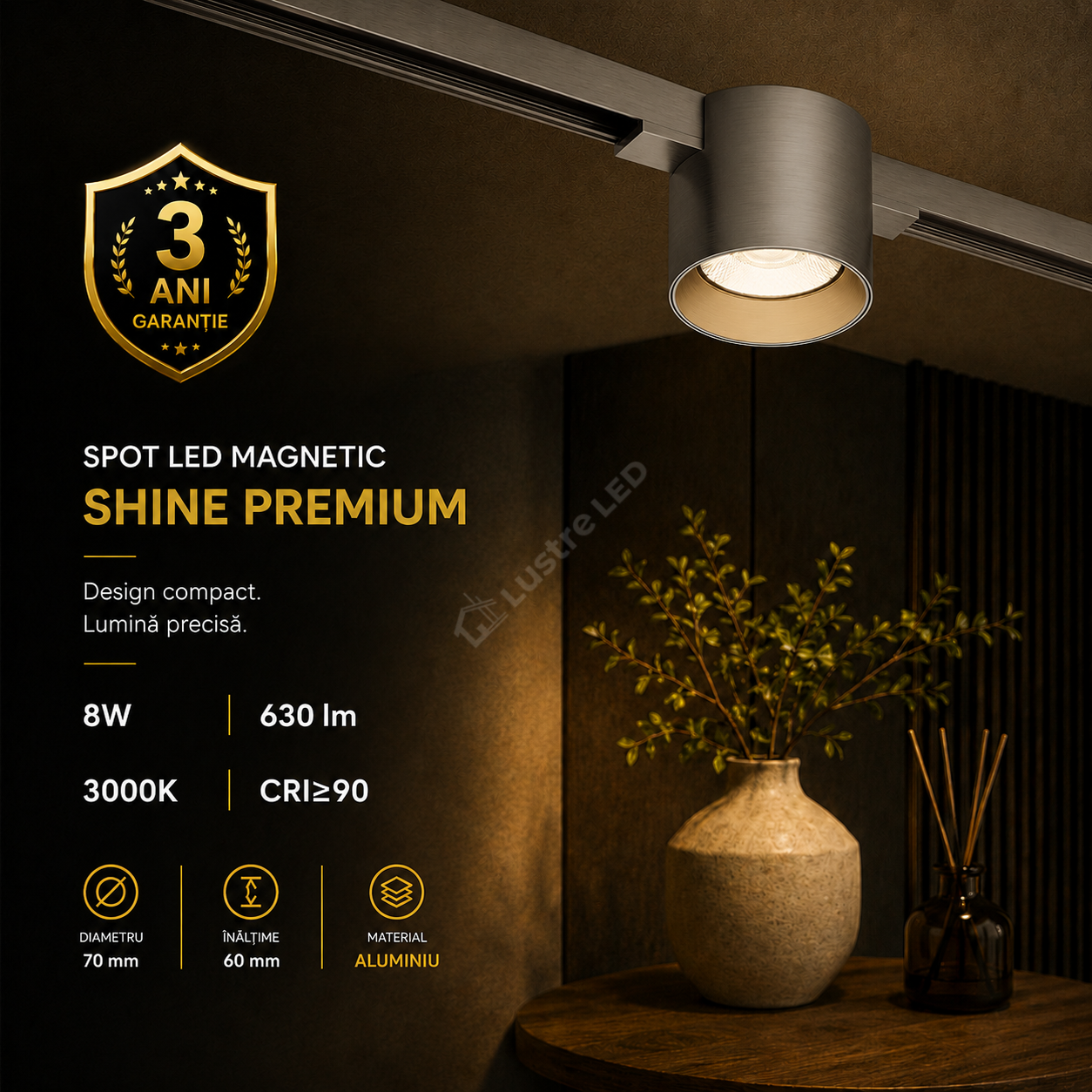 Spot LED Magnetic SHINE TRACK Dark Nickel Premium 8W Rotund Ø7CM | CRI≥90 | 3000K