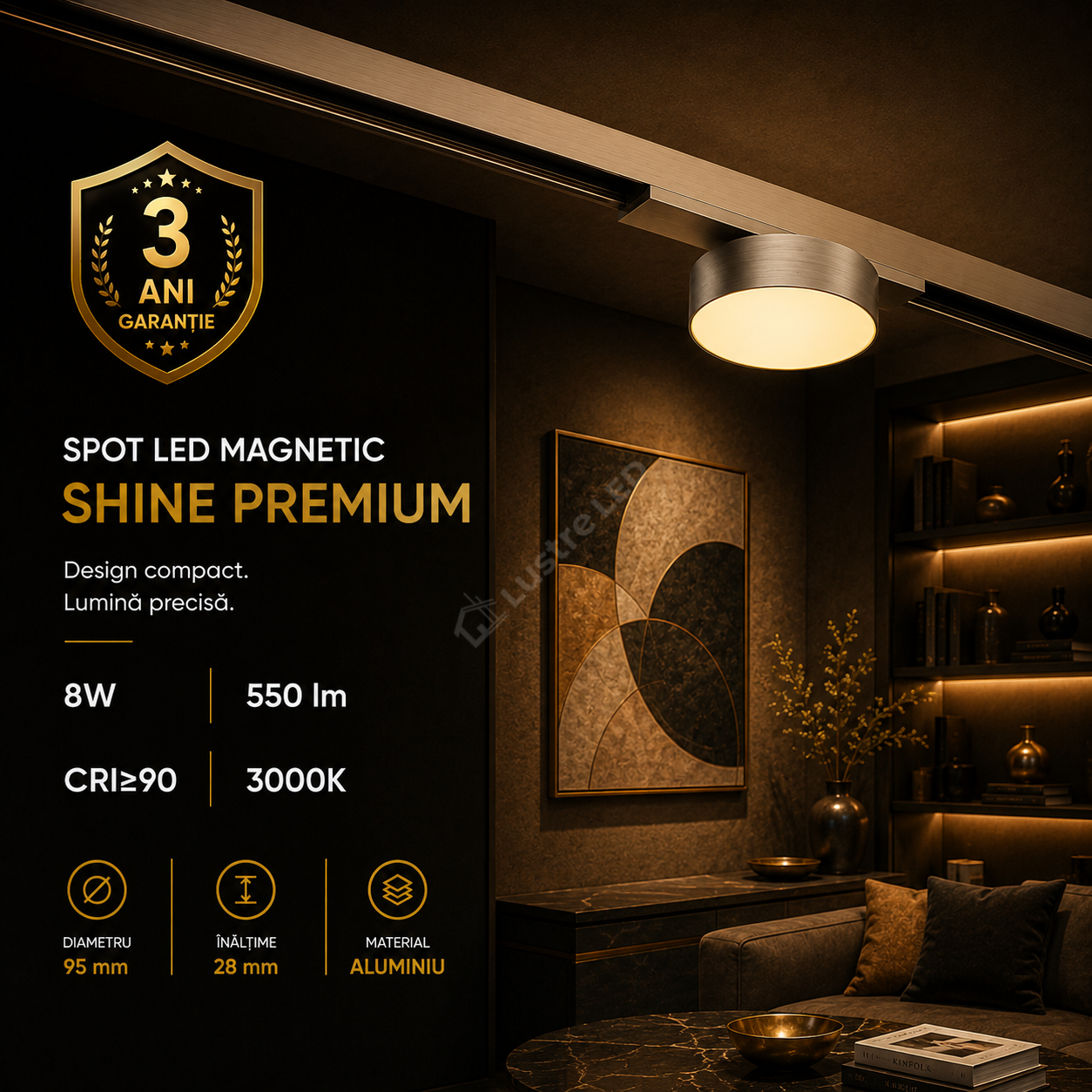 Spot LED Magnetic SHINE TRACK Dark Nickel Premium 8W Rotund Ø9.5CM | CRI≥90 | 3000K