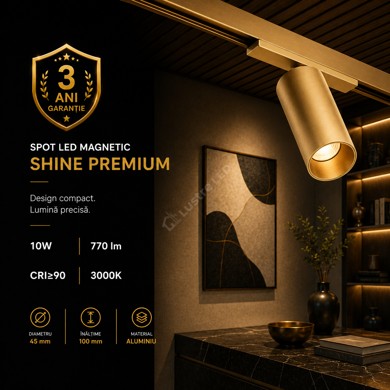 Spot LED Magnetic SHINE TRACK Gold Premium 10W Rotund Ø4.5CM | CRI≥90 | 3000K