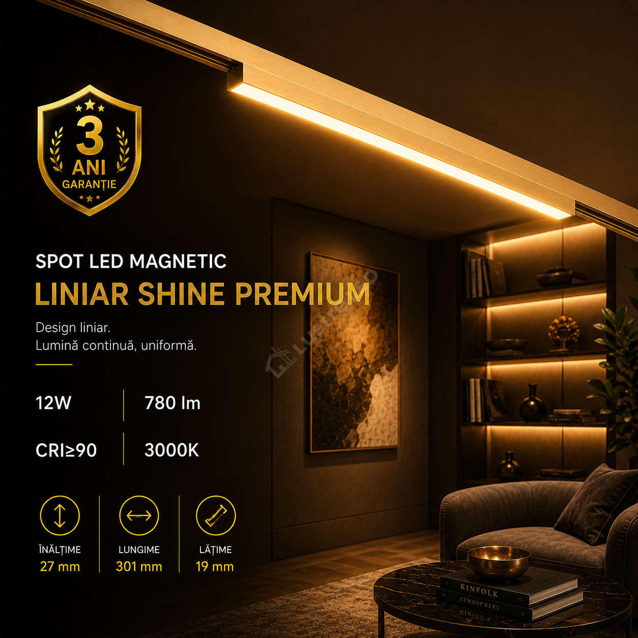 Spot LED Magnetic SHINE TRACK Gold Premium 12W Liniar Ø30CM | CRI≥90 | 3000K
