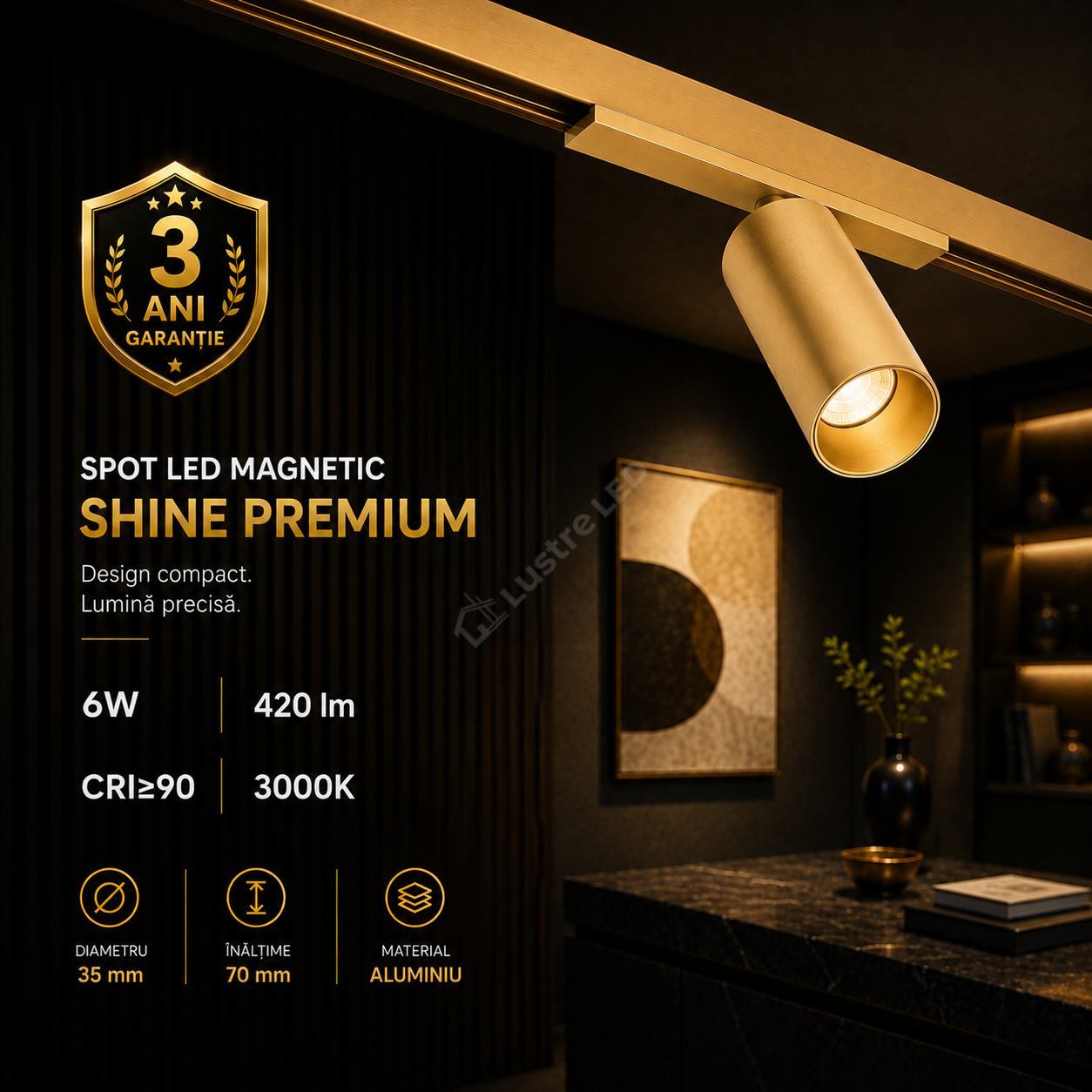 Spot LED Magnetic SHINE TRACK Gold Premium 6W Rotund Ø3.5CM | CRI≥90 | 3000K