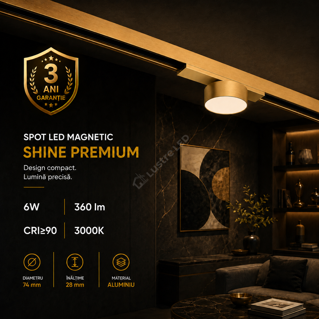 Spot LED Magnetic SHINE TRACK Gold Premium 6W Rotund Ø7.4CM | CRI≥90 | 3000K