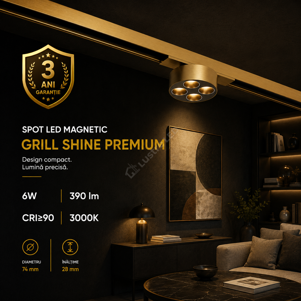 Spot LED Magnetic SHINE TRACK Gold Premium 6W Rotund Ø7.4CM | CRI≥90 | 3000K