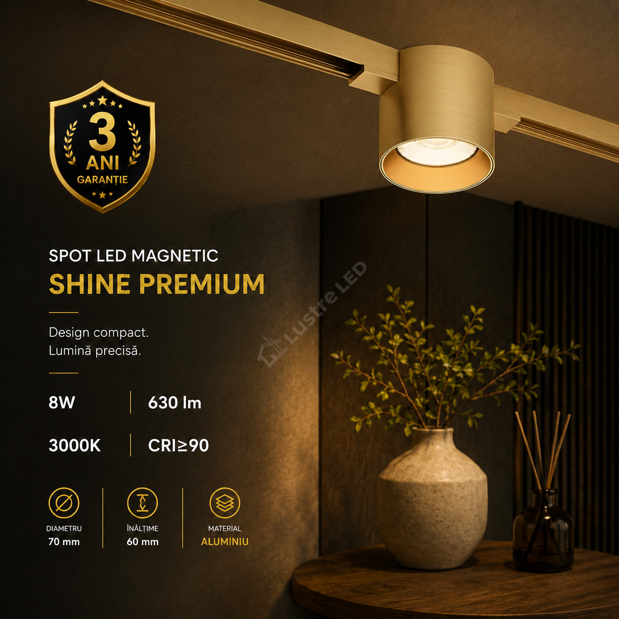 Spot LED Magnetic SHINE TRACK Gold Premium 8W Rotund Ø7CM | CRI≥90 | 3000K