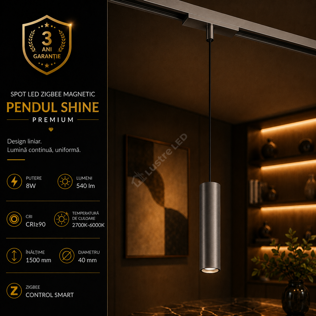 Spot LED Magnetic ZigBee Pendul SHINE TRACK Dark Nickel Premium 8W Rotund Ø4CM | CRI≥90