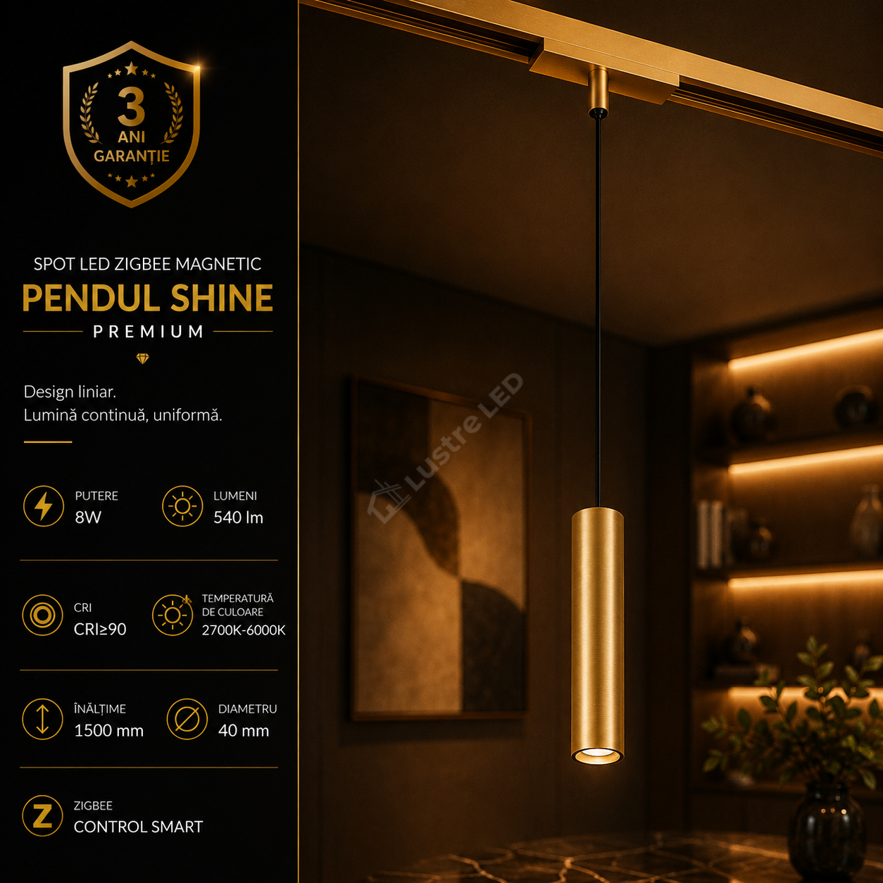 Spot LED Magnetic ZigBee Pendul SHINE TRACK Gold Premium 8W Rotund Ø4CM | CRI≥90