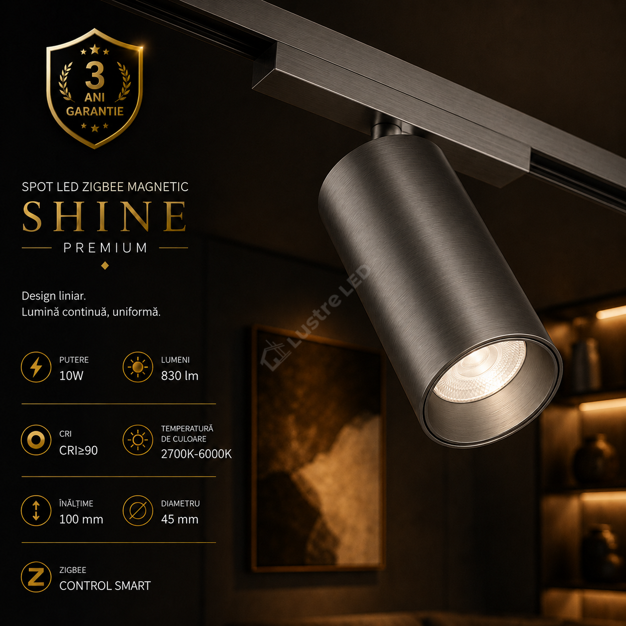 Spot LED Magnetic ZigBee SHINE TRACK Dark Nickel Premium 10W Rotund Ø4.5CM | CRI≥90