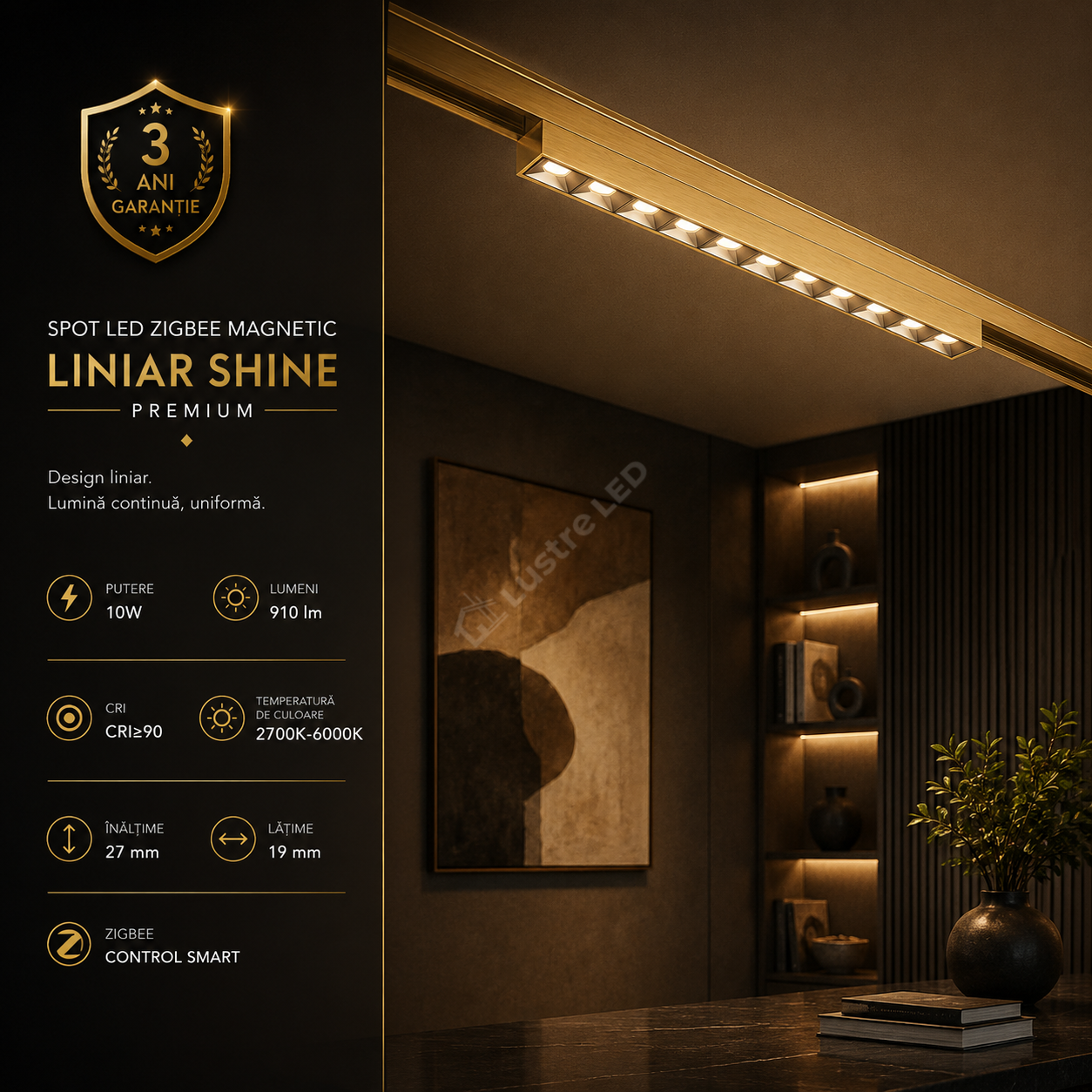 Spot LED Magnetic ZigBee SHINE TRACK Gold Premium 10W Liniar CRI≥90 | 2700–6000K