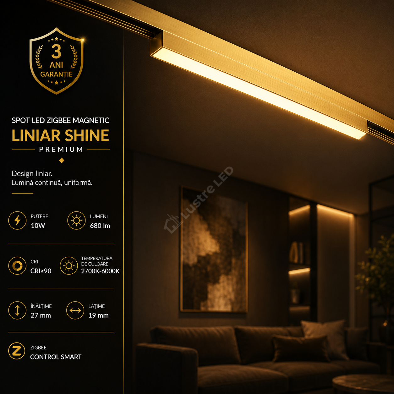 Spot LED Magnetic ZigBee SHINE TRACK Gold Premium 10W Liniar CRI≥90