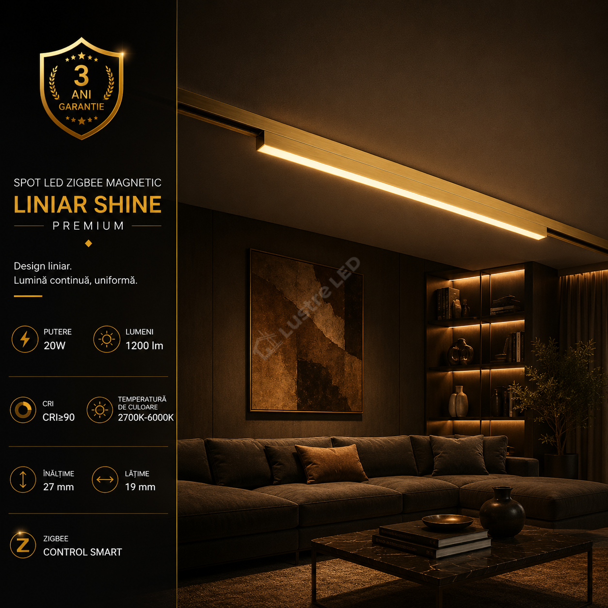 Spot LED Magnetic ZigBee SHINE TRACK Gold Premium 20W Liniar CRI≥90