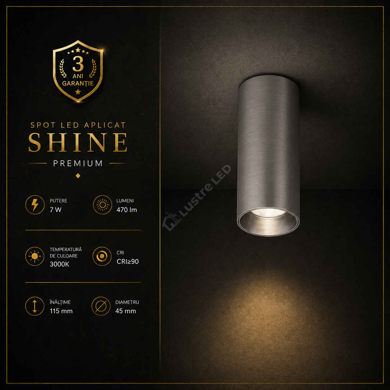 Spot LED SHINE TUBE Dark Nickel Aplicat Rotund 7W Premium Ø4.5 x H11.5 CM | CRI≥90 | 3000K
