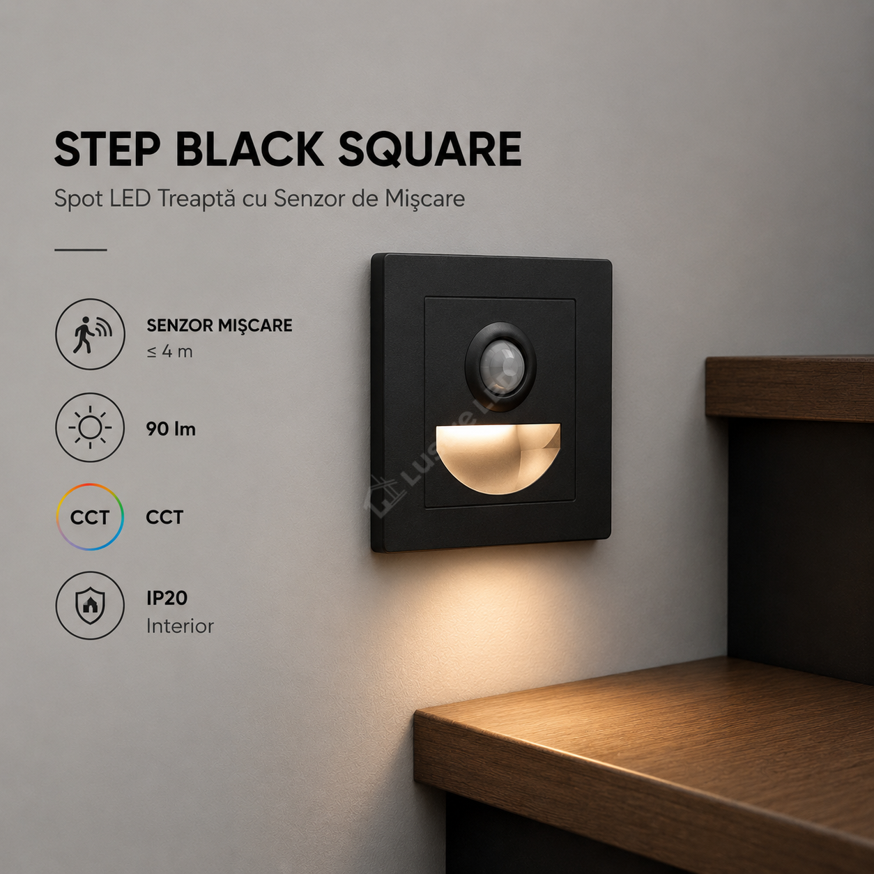 Spot LED Treapta STEP Black Square 3W CCT cu Senzor de Miscare