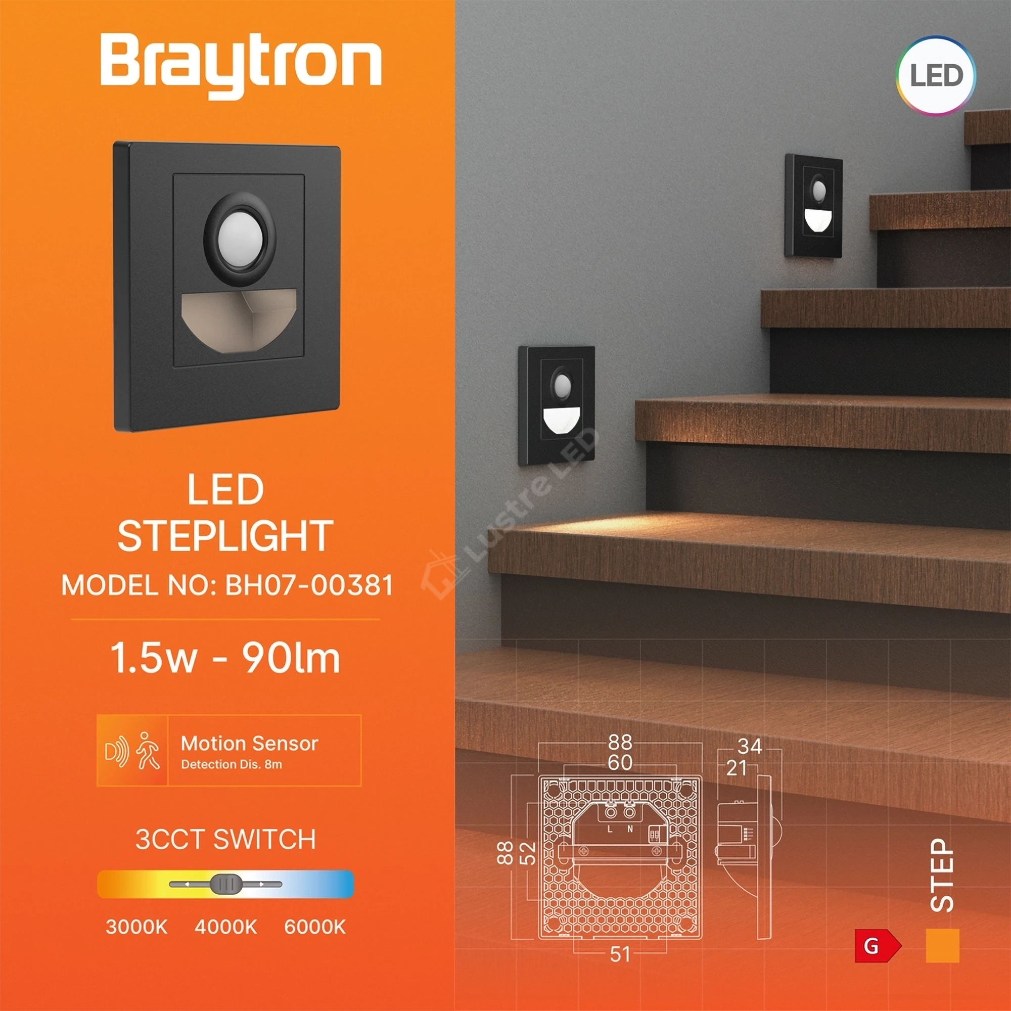 Spot LED Treapta STEP Black Square 3W CCT cu Senzor de Miscare