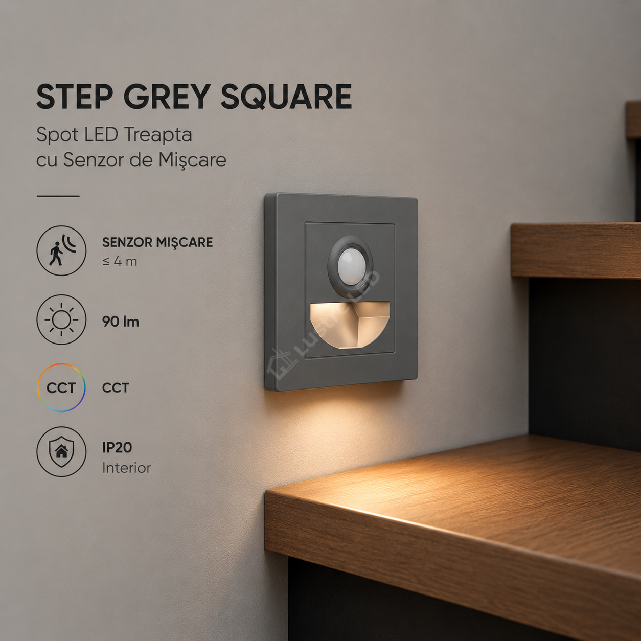 Spot LED Treapta STEP Grey Square 3W CCT cu Senzor de Miscare