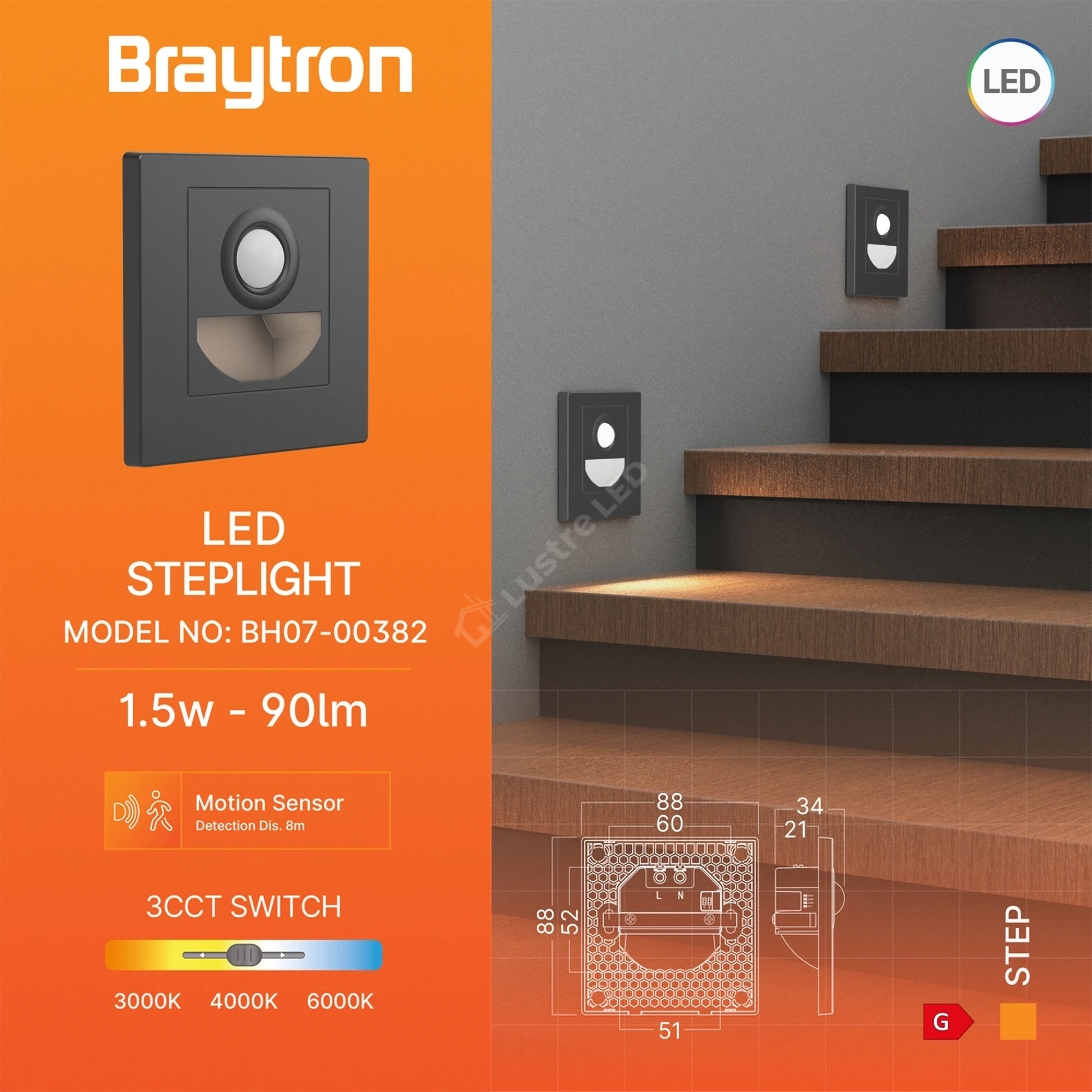 Spot LED Treapta STEP Grey Square 3W CCT cu Senzor de Miscare