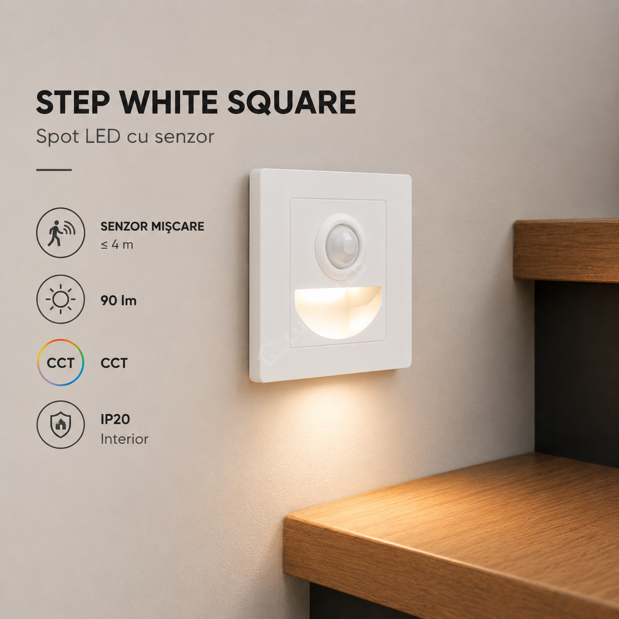 Spot LED Treapta STEP White Square 3W CCT cu Senzor de Miscare