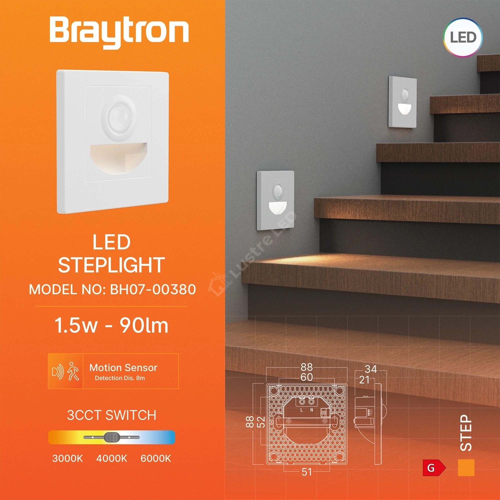 Spot LED Treapta STEP White Square 3W CCT cu Senzor de Miscare