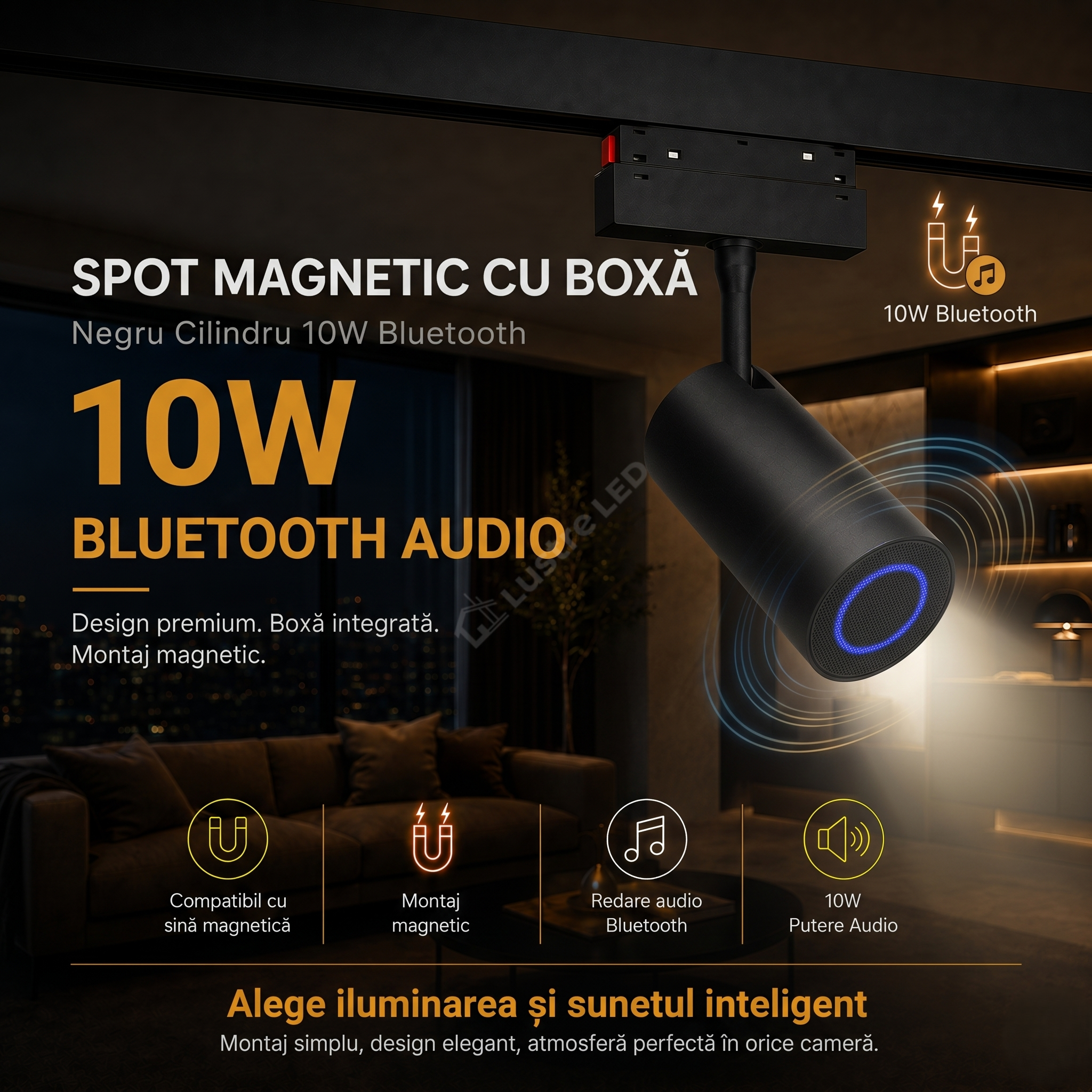 Spot Magnetic Negru cu Boxa Bluetooth 10W