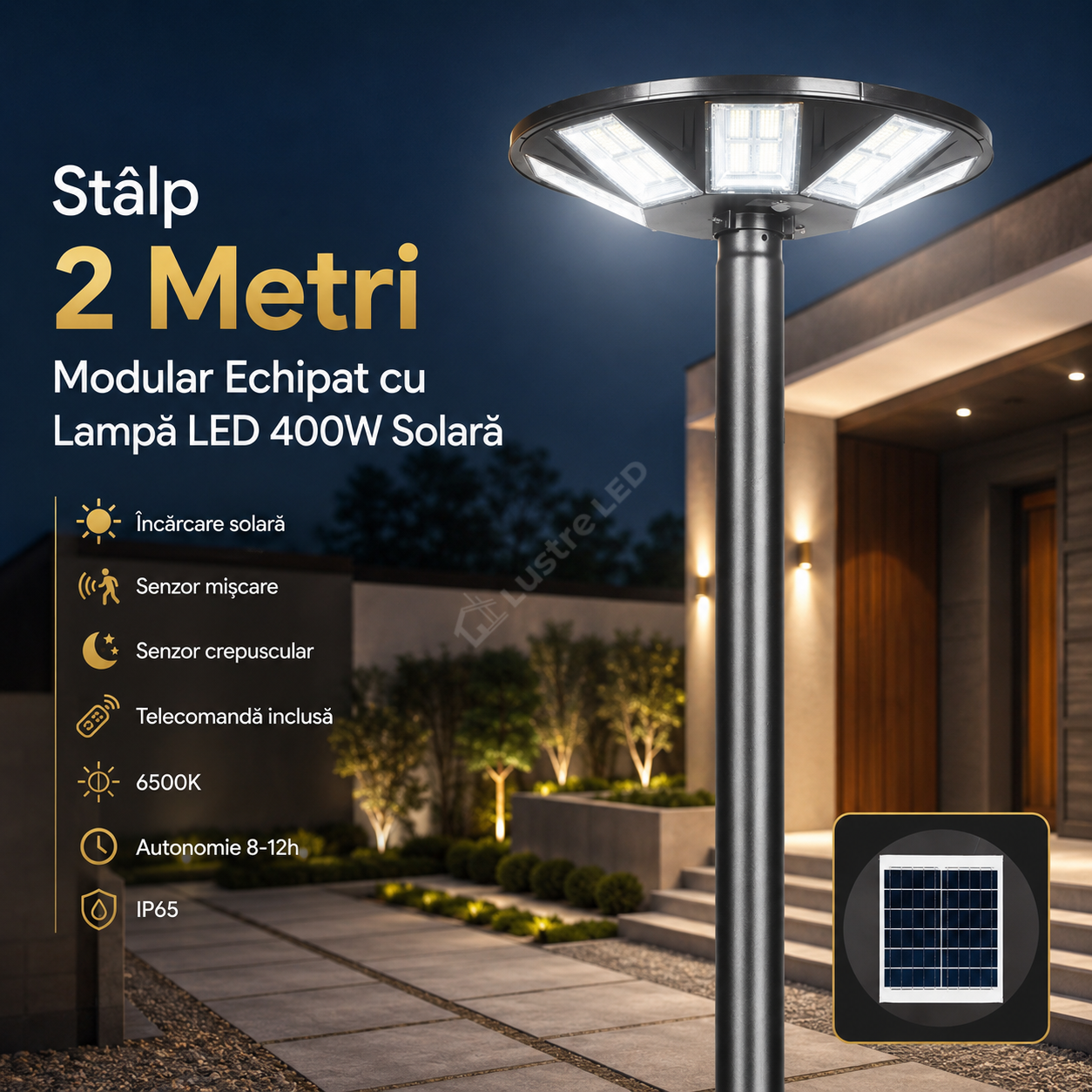 Stalp 2 Metri Modular + Lampa UFO LED 400W Solara si Telecomanda