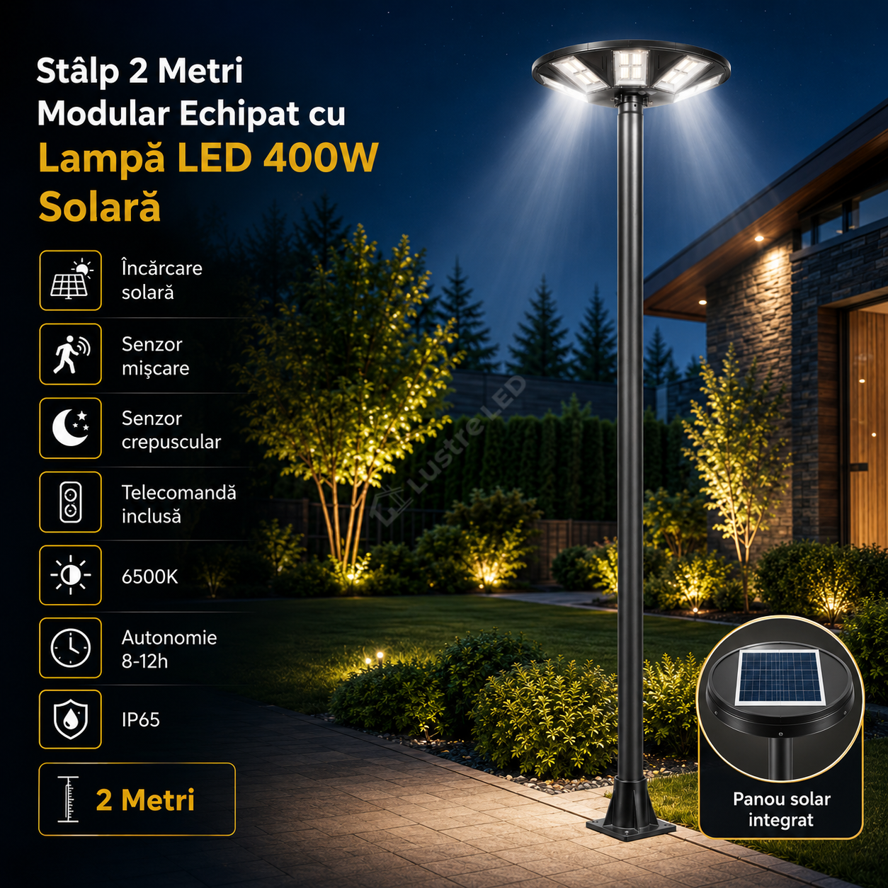 Stalp 2 Metri Modular + Lampa UFO LED 400W Solara si Telecomanda
