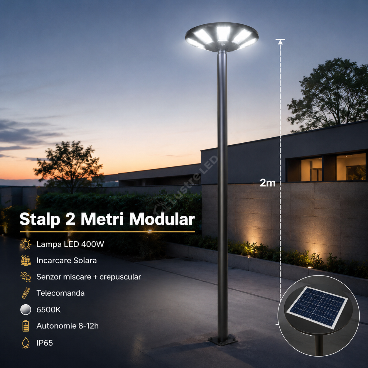Stalp 2 Metri Modular + Lampa UFO LED 400W Solara si Telecomanda