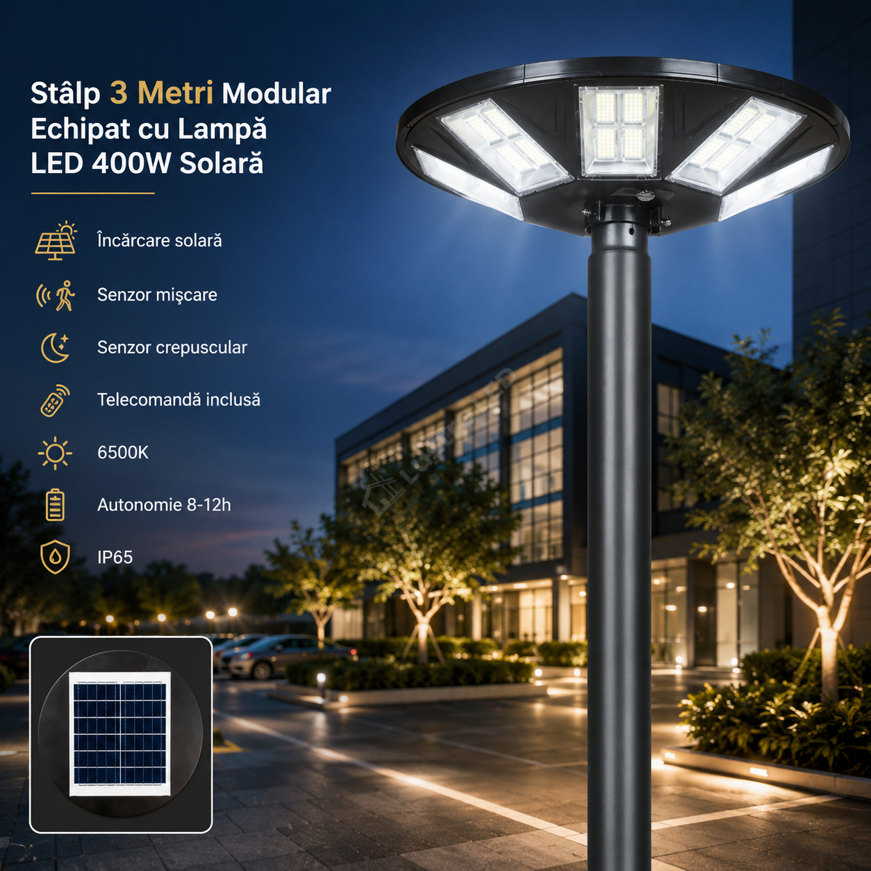 Stalp 3 Metri Modular + Lampa UFO LED 400W Solara si Telecomanda