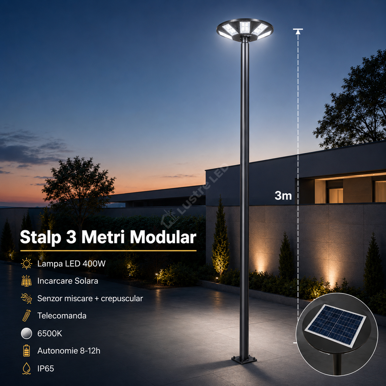 Stalp 3 Metri Modular + Lampa UFO LED 400W Solara si Telecomanda