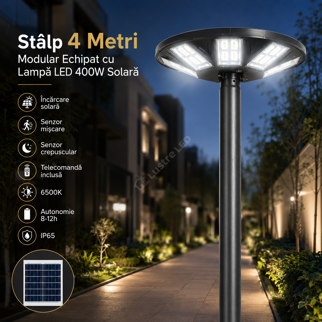 Stalp 4 Metri Modular + Lampa UFO LED 400W Solara si Telecomanda