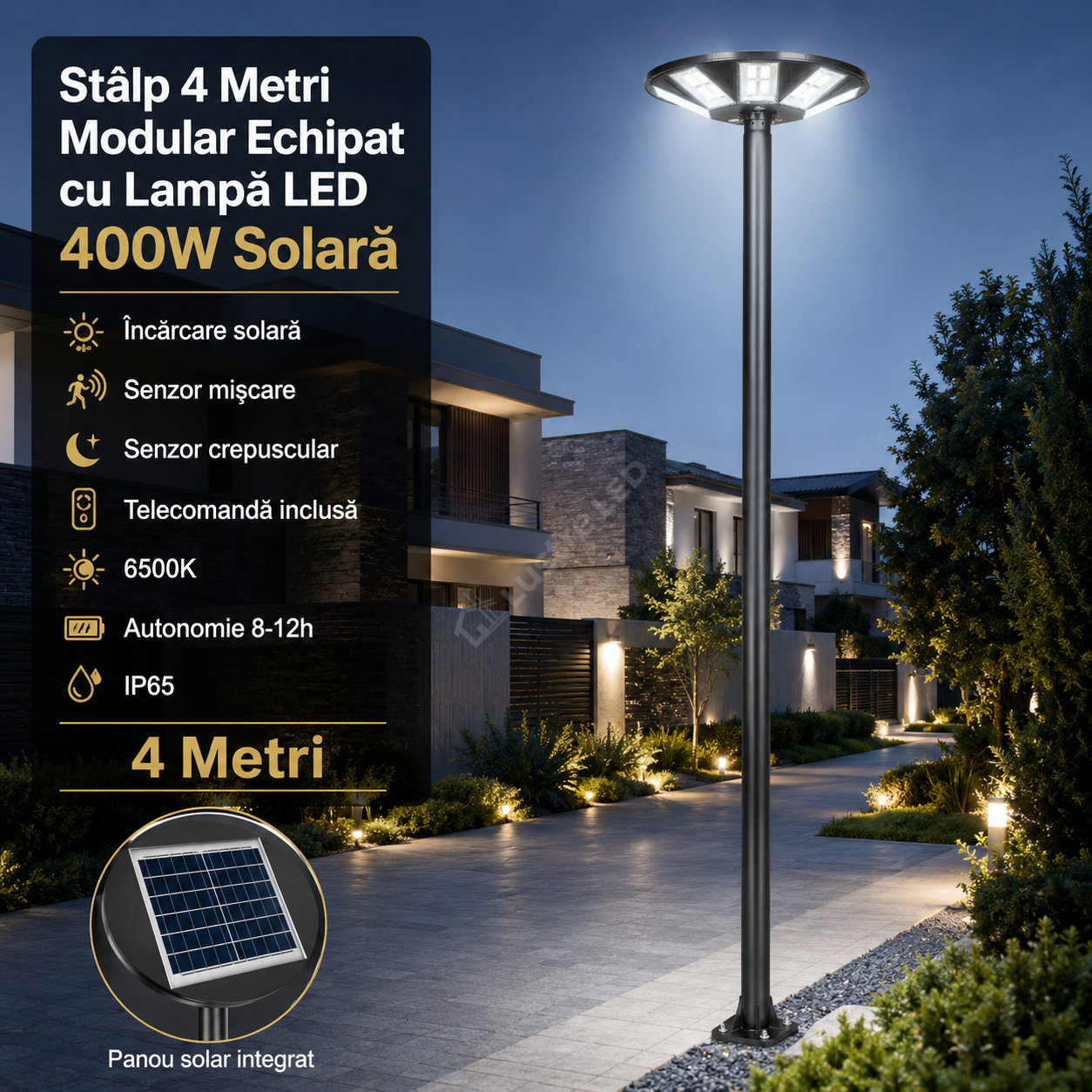 Stalp 4 Metri Modular + Lampa UFO LED 400W Solara si Telecomanda