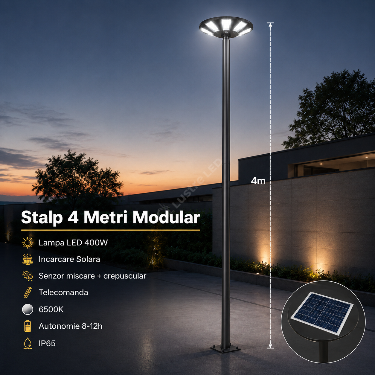 Stalp 4 Metri Modular + Lampa UFO LED 400W Solara si Telecomanda