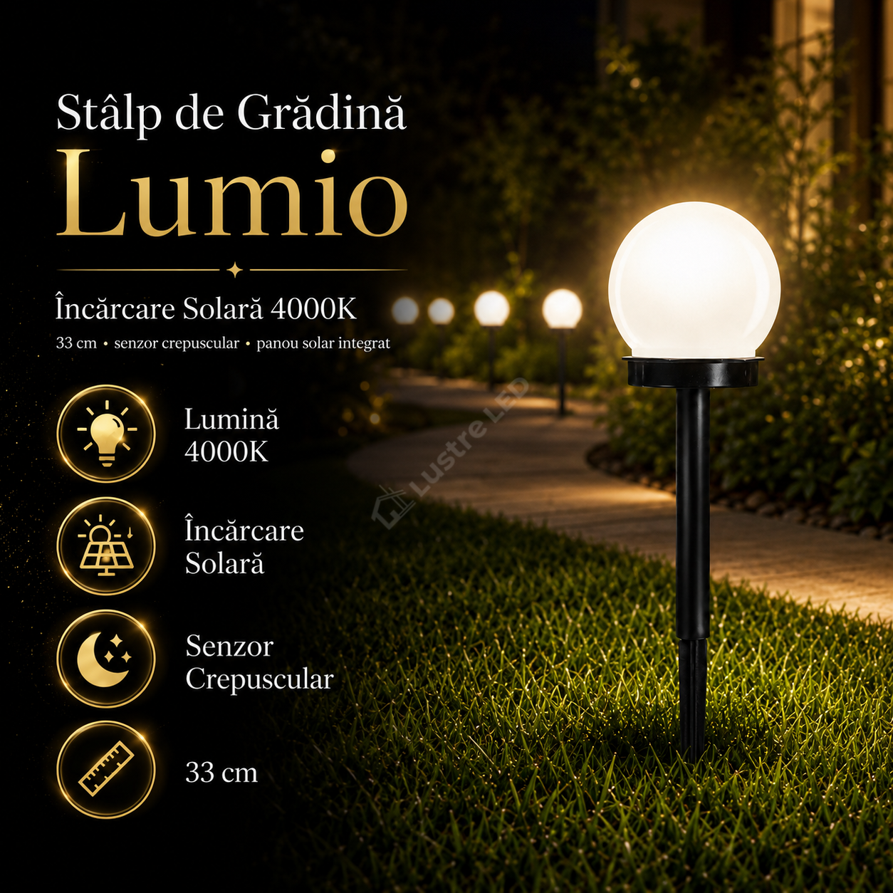 Stalp de Gradina Lumio cu Incarcare Solara 4000K 33cm