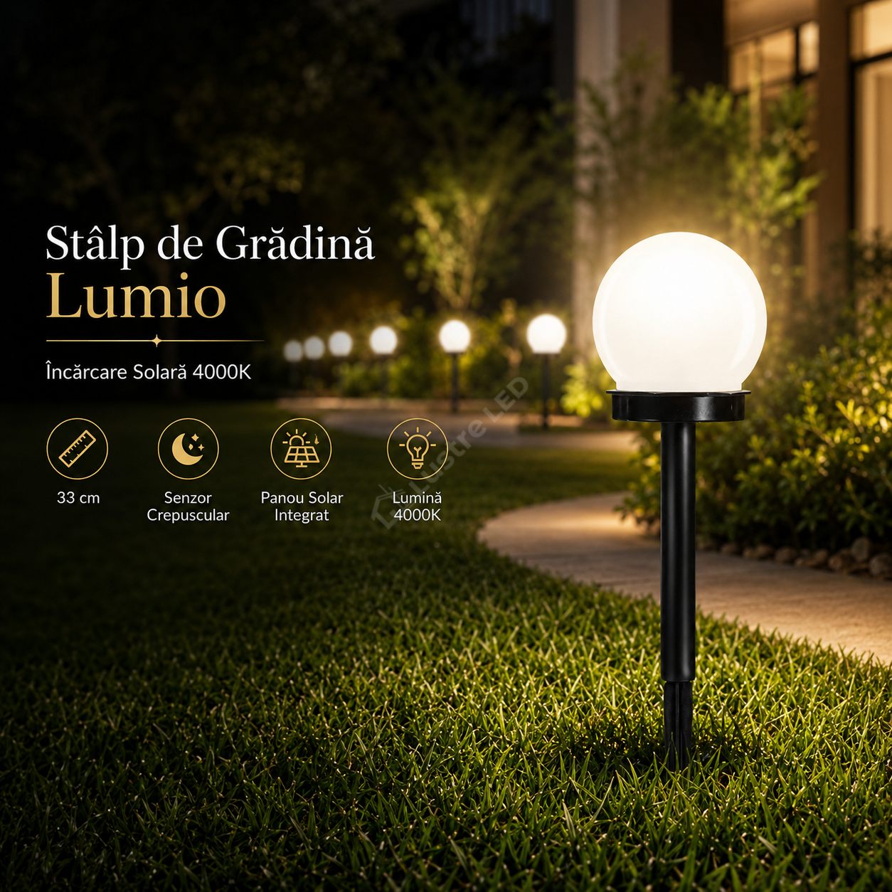Stalp de Gradina Lumio cu Incarcare Solara 4000K 33cm