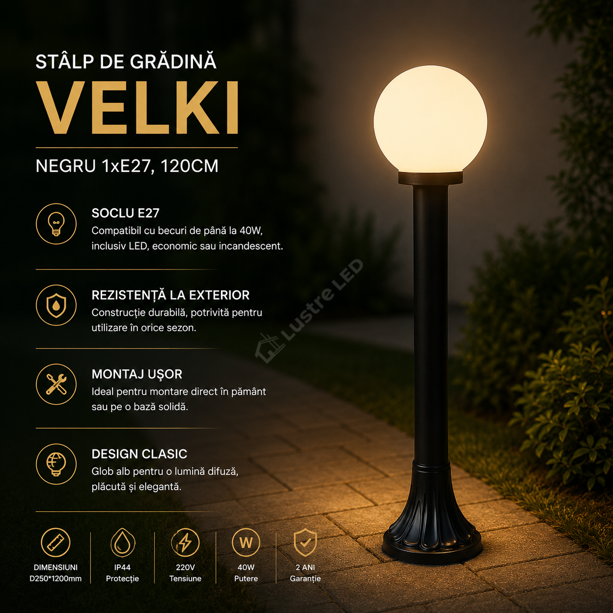 Stalp De Gradina VELKI Negru 1xE27, 120cm