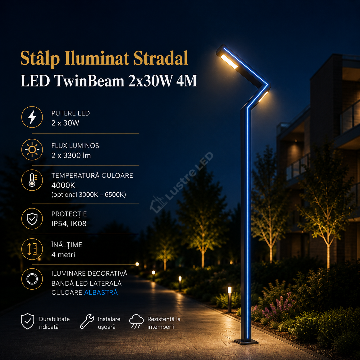 Stalp Iluminat Stradal LED TwinBeam 2x30W 4M