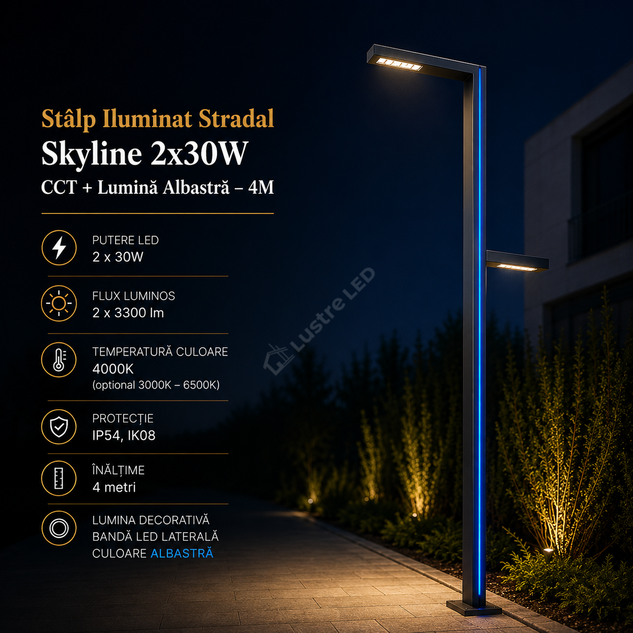 Stalp Iluminat Stradal Skyline 2x30W CCT + Lumina Albastra – 4M
