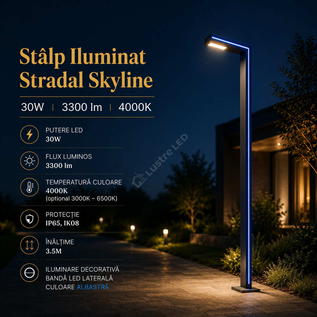Stalp Iluminat Stradal Skyline 30W CCT + Lumina Albastra – 4M