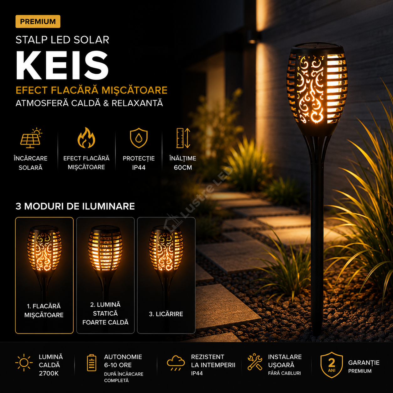 Stalp LED Gradina KEIS Efect Flacara, 60cm, 3 Moduri de iluminare cu Incarcare Solara