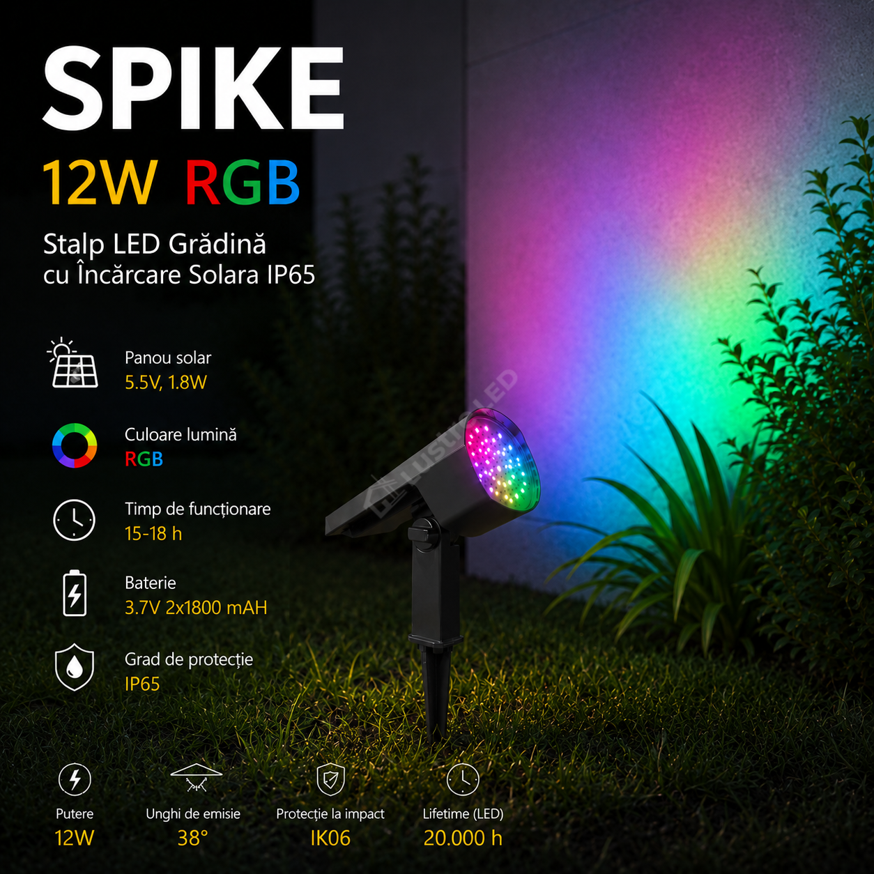 Stalp LED Gradina SPIKE 12W RGB Dimabil cu Incarcare Solara IP65