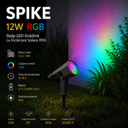 Stalp LED Gradina SPIKE 12W RGB Dimabil cu Incarcare Solara IP65