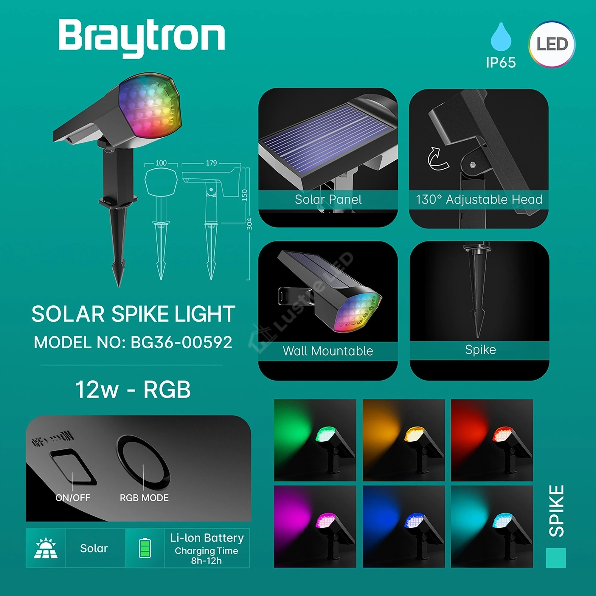 Stalp LED Gradina SPIKE 12W RGB Dimabil cu Incarcare Solara IP65