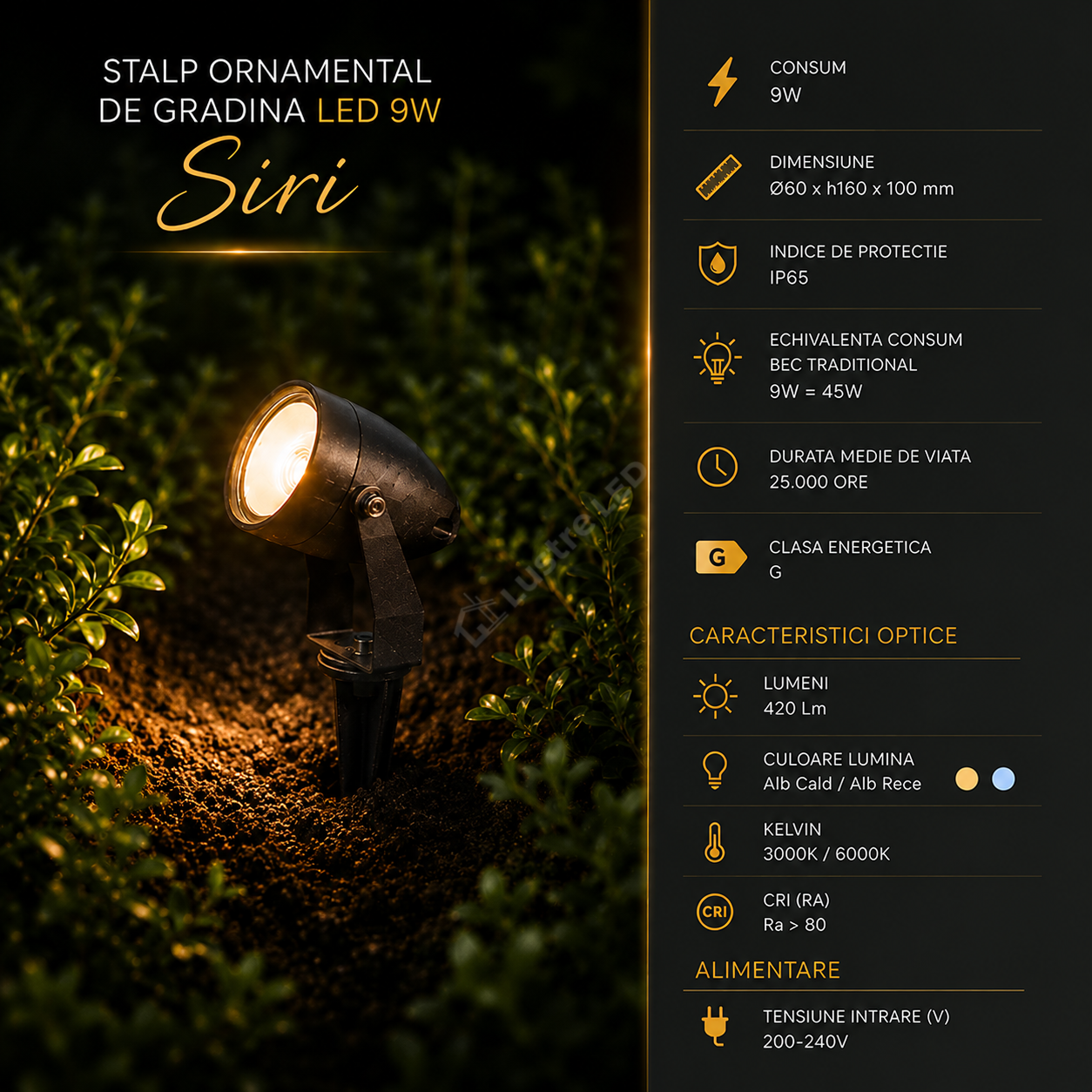 Stalp Ornamental de Gradina LED 9W SIRI