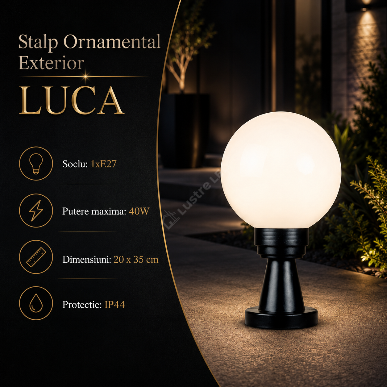 Stalp Ornamental Exterior LUCA 35CM Black 1xE27 cu Abajur Alb IP44