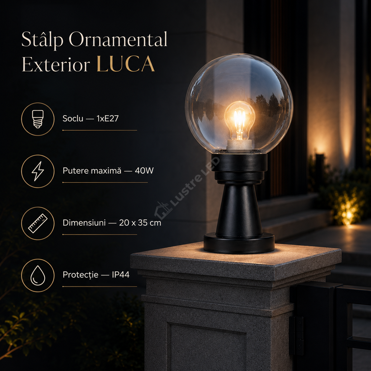Stalp Ornamental LUCA 35CM Black 1xE27 cu Abajur Transparent IP44