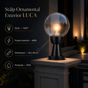Stalp Ornamental LUCA 35CM Black 1xE27 cu Abajur Transparent IP44