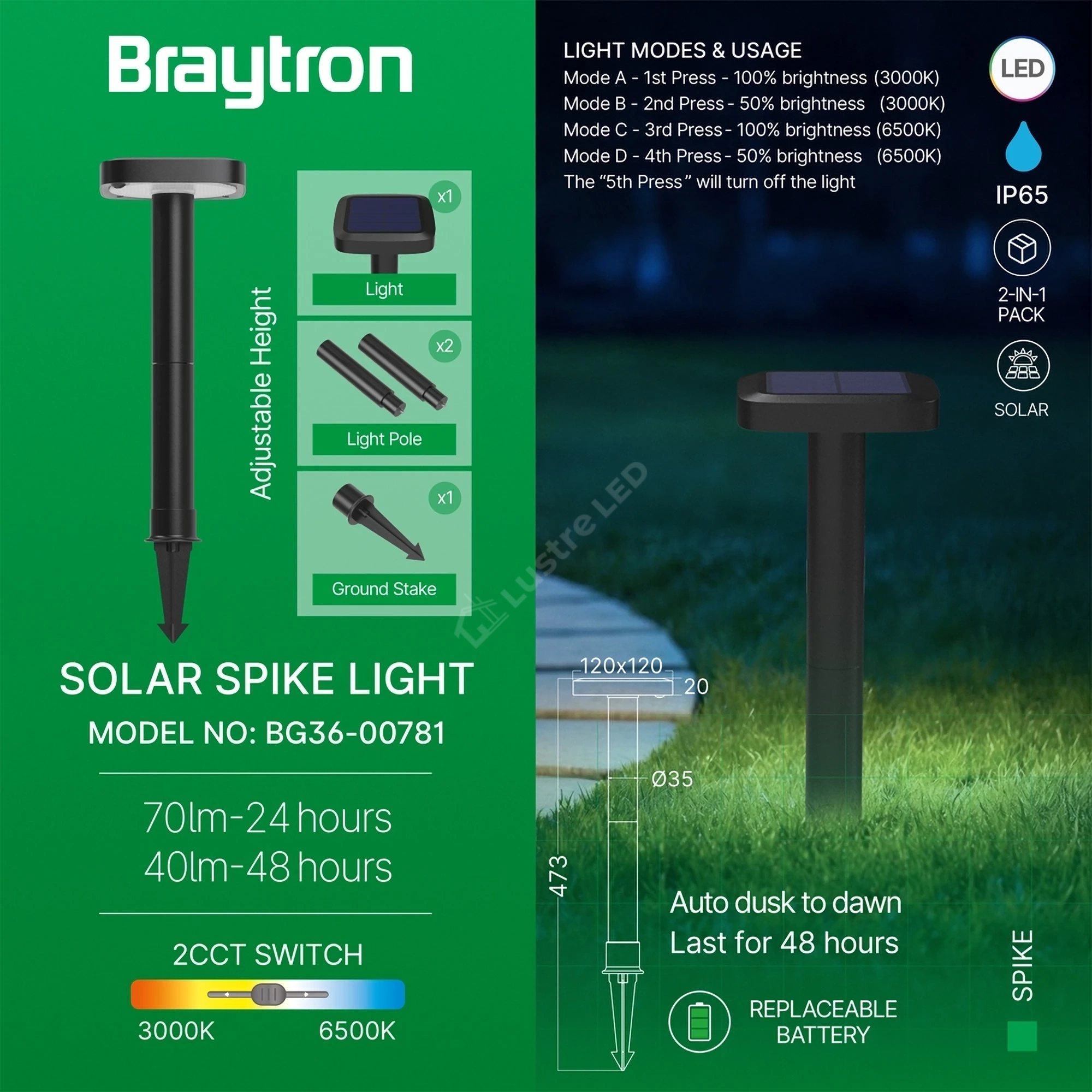 Stalpisor de Gradina cu Incarcare Solara si Senzor Spike Black IP65 47.5CM