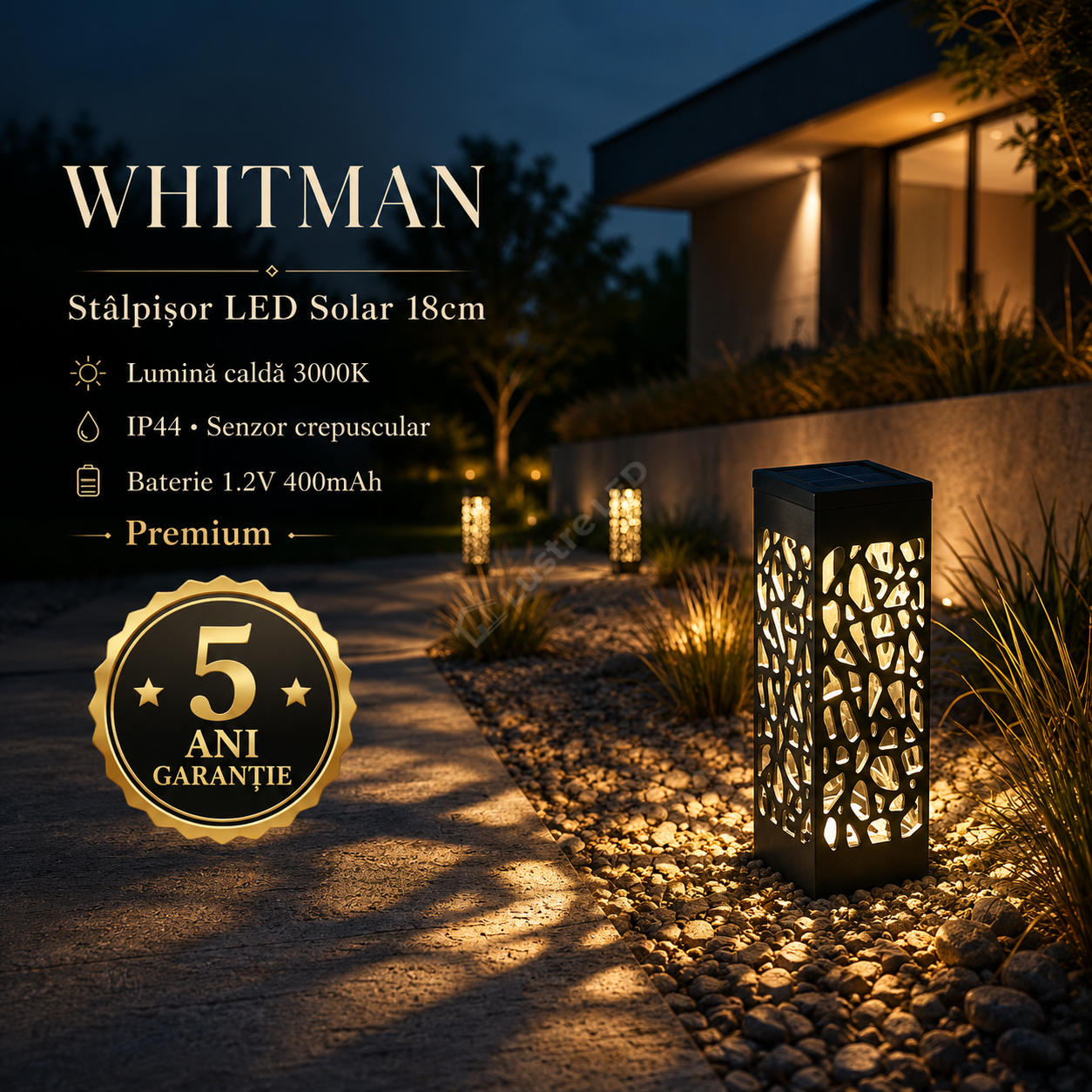Stalpisor LED Solar WHITMAN 18cm, 3000K, IP44 5 Ani Garantie Premium