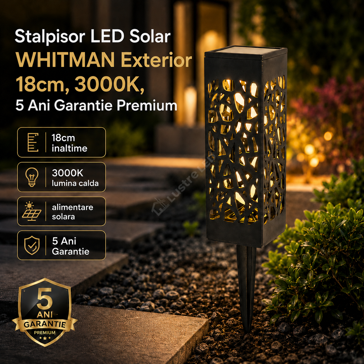 Stalpisor LED Solar WHITMAN Exterior 18cm, 3000K, 5 Ani Garantie Premium